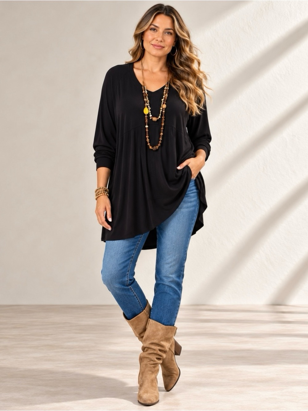 Cabi Black V-Neck High Low Tunic Top Soft Stretch Oversized Women’s M